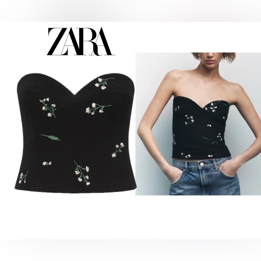 Zara black floral flower print sleeveless bustier corset top Sz M   Prairie boho